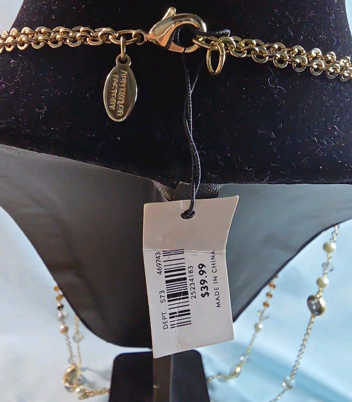 ANN TAYLOR Gold Tone Bezel Blue Crystal Glass Bead Faux Pearl Chain Necklace