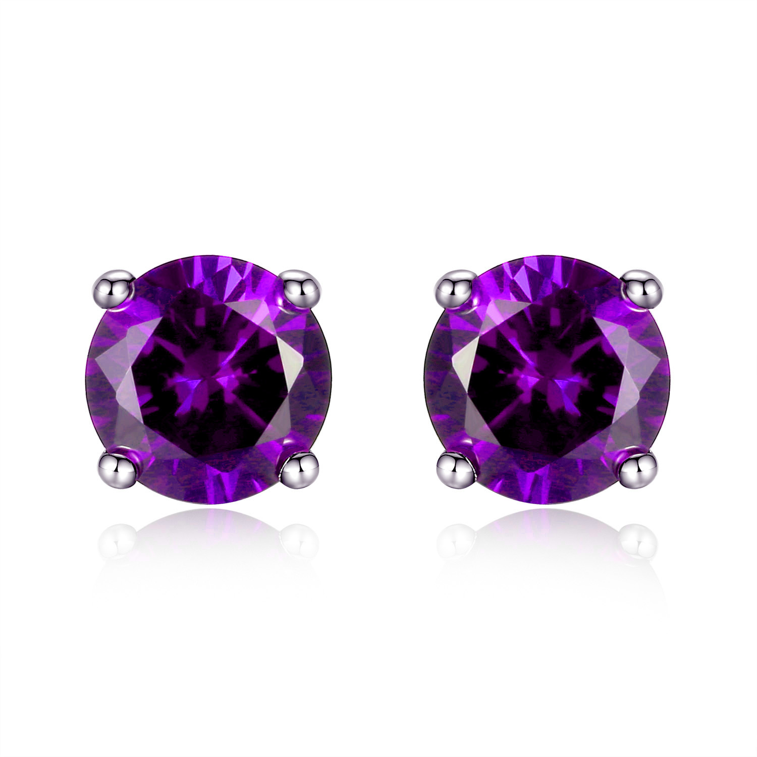 Sterling Silver Round Shaped Simulated Amethyst Stud Earrings Gifts for Girl Her