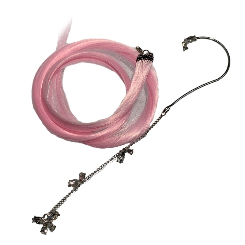 Fashion Pink Long Hair Ear Hook Cute Girl Wigs Dyeing Ear Pendant with Long Hair