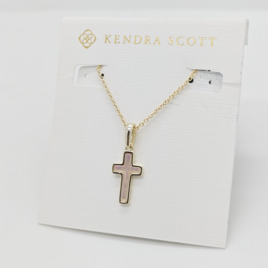 New Kendra Scott Cross Gold Pendant Necklace in Pink Dichroic Glass