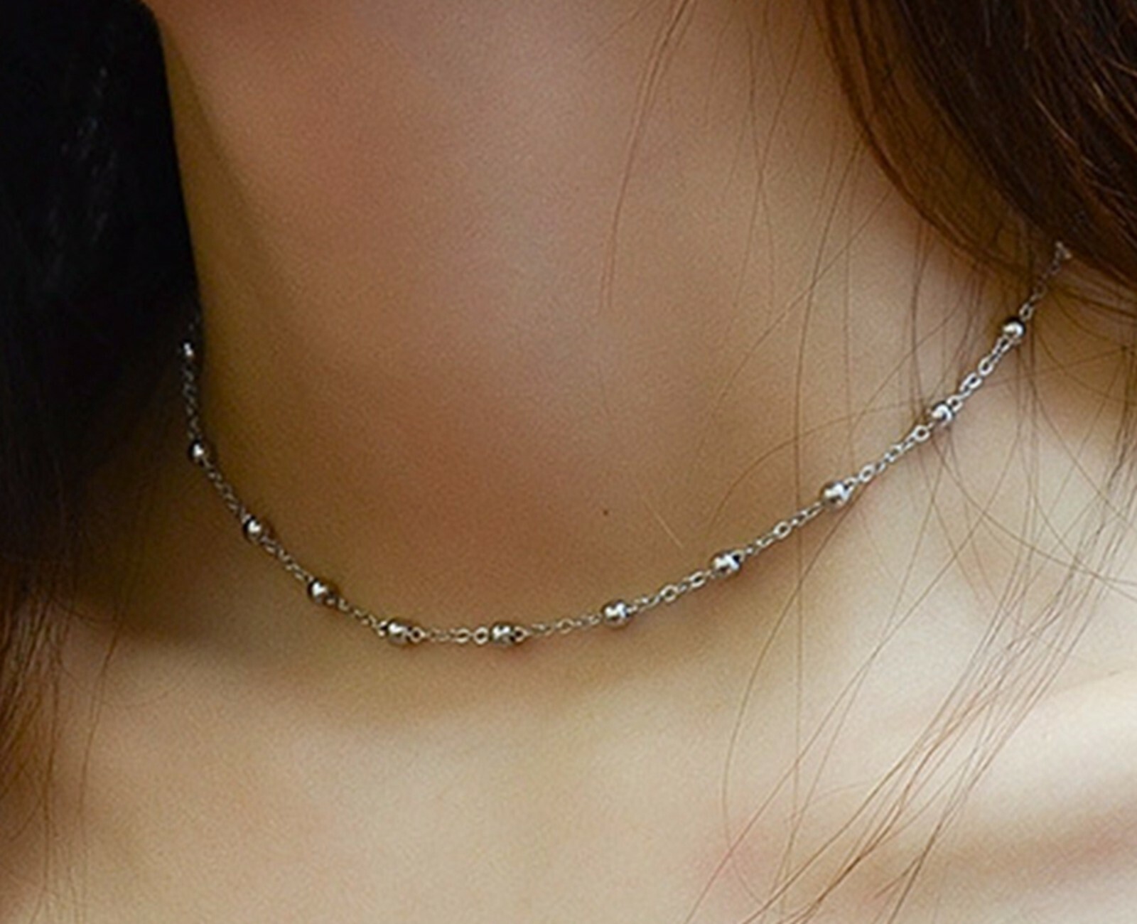Gold Plated Titanium Stainless Steel 3.5mm Bead Chain Choker Necklace 14-16″