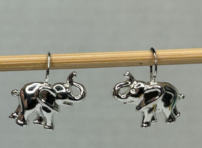 925 Elephant Earrings 0.75in Drop Silver Tone French Wire Detailed Trunk Up