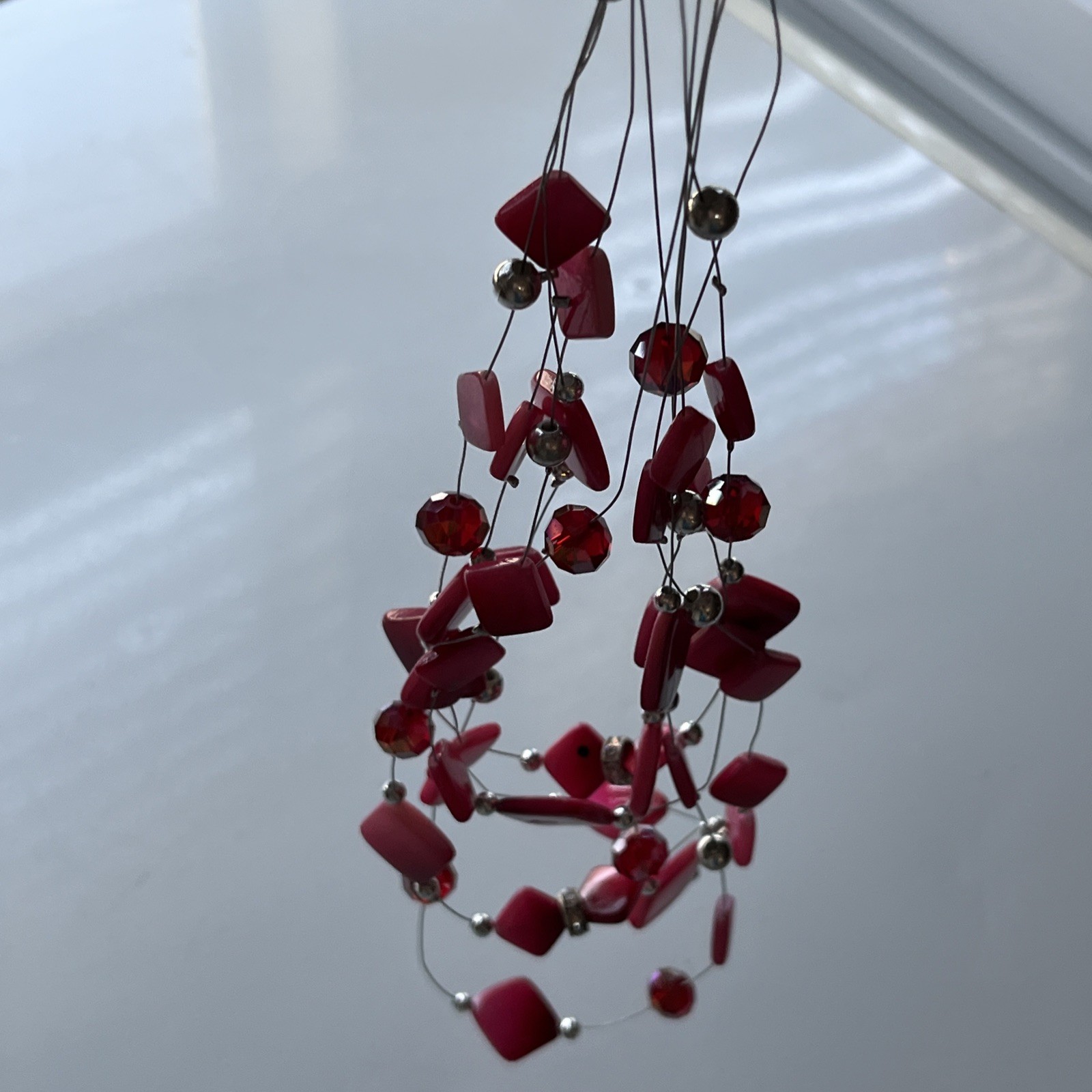 5 layers 27 inch Layered Hot Pink And Grey silver tones Beaded Necklace elegant