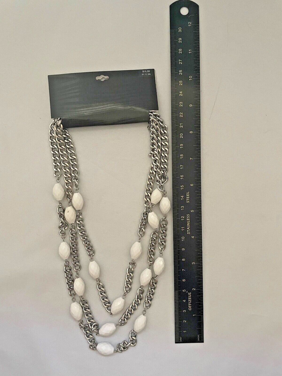 Multi Layer Silver Curb Chain Necklace with White Beads New With Tags