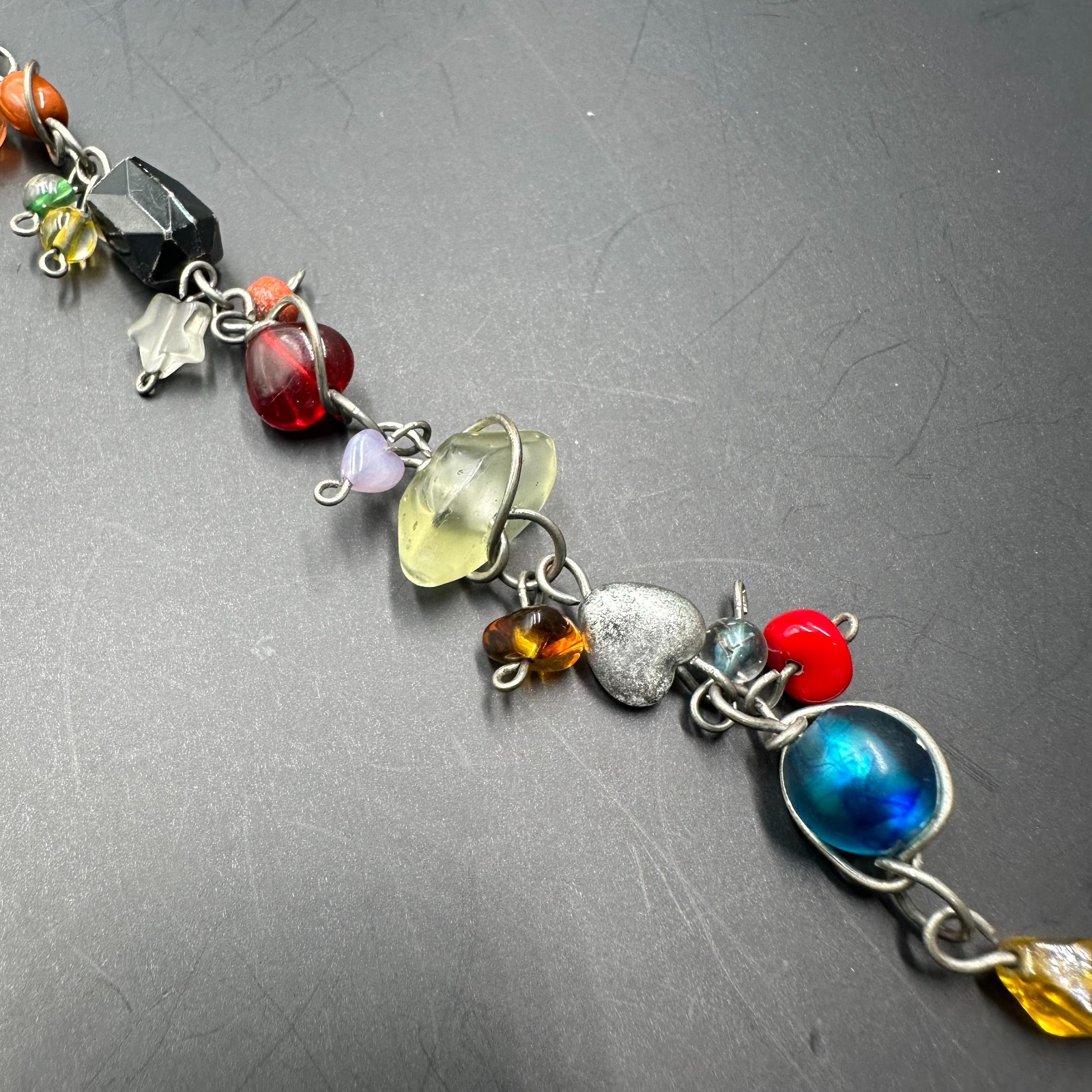 ABRA Bracelet Silver Tone Multicolored Glass Beads Wire Wrapped Boho Artsy 7.5″