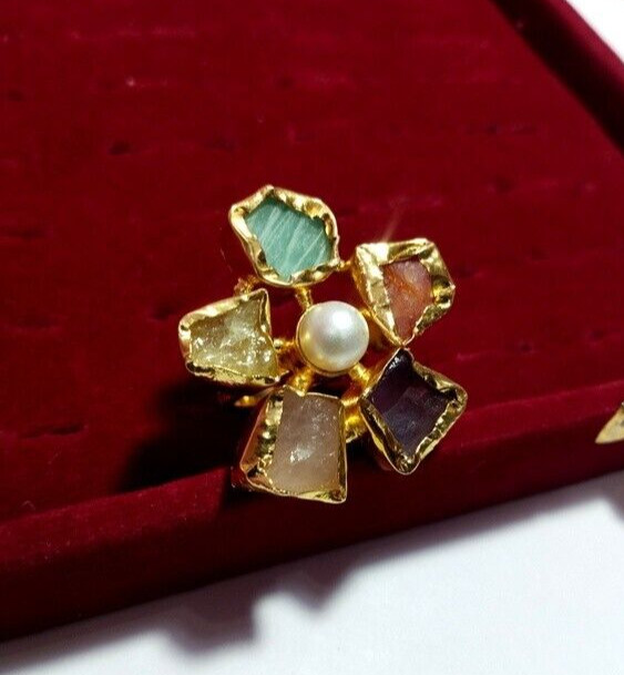 Natural Multi stone Handmade Adjustable Ring Gemstone Brass Ring Raw Ring.