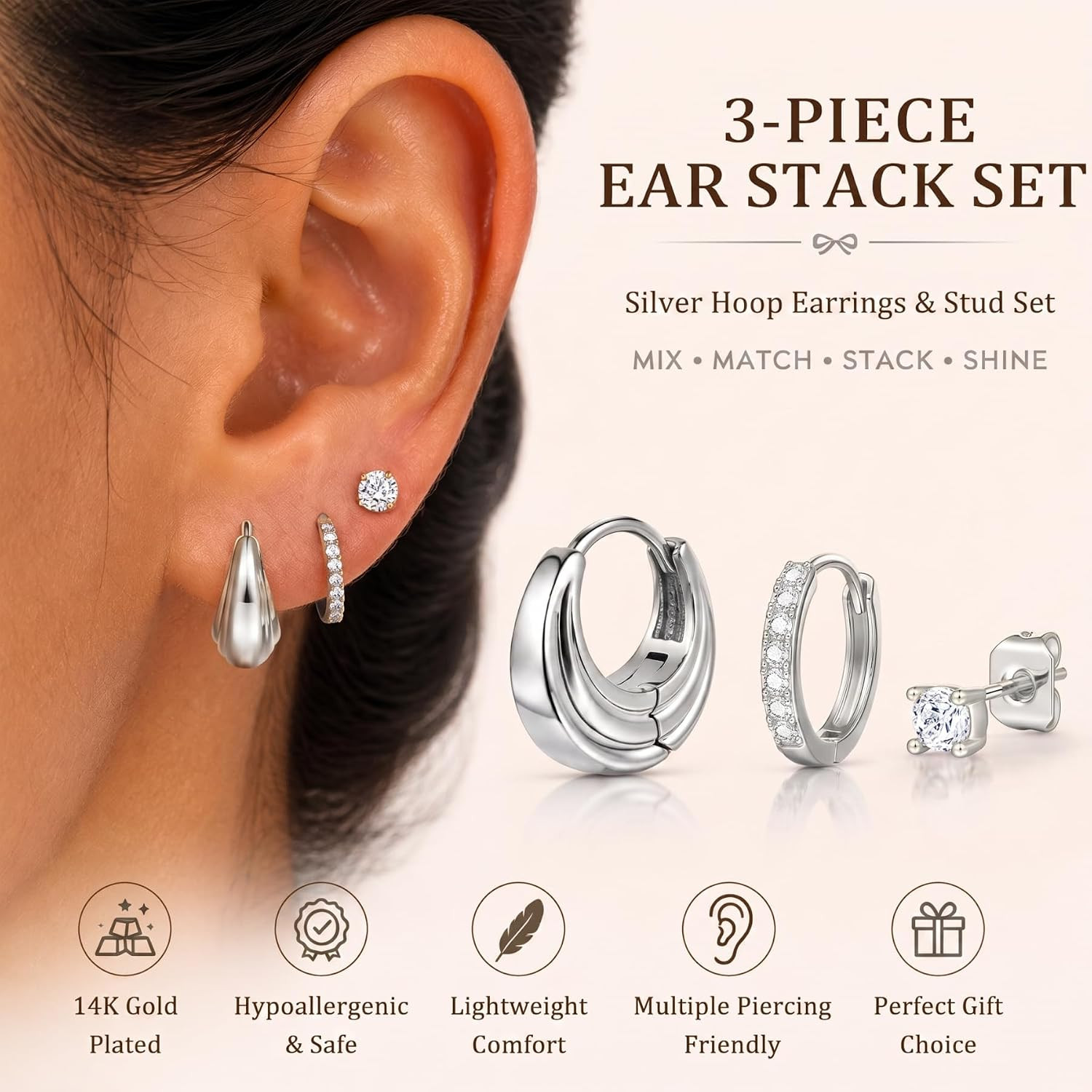 3Pcs Stackable Earrings Set for Multiple Piercings – Gold & Silver Plated Huggie