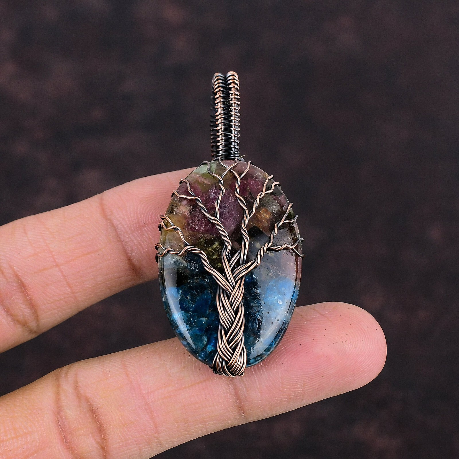Watermelon Tourmaline Copper Friend Gift Wire Wrapped Tree Of Life Pendant 2.36″