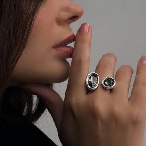 Handmade Uno STYLE De Único 50’s Adjustable Ring GRAY Round Silver Plated