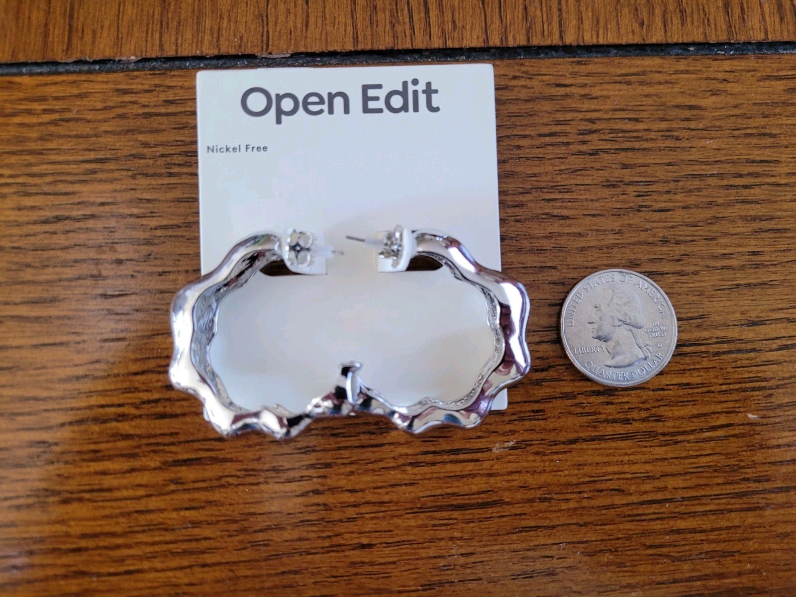 Open Edit Rhodium Hoop Earrings-Silver Tone Nickel Free