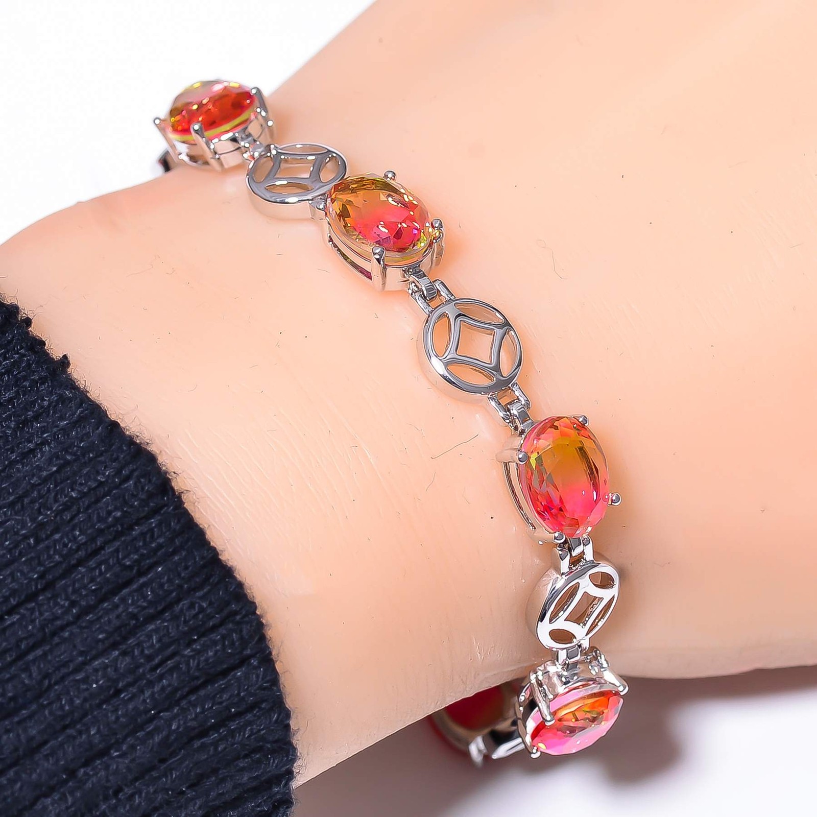 Bi-Colour Tourmaline 925 Sterling Silver Tennis Bracelet 7.99″ B65, Gift for her