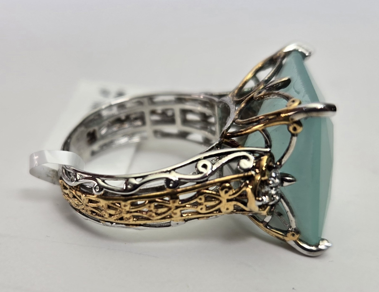 Vtg Gems en Vogue Princess Cut Seafoam Chalcedony, White Zircon Ring 925 sz 7.75