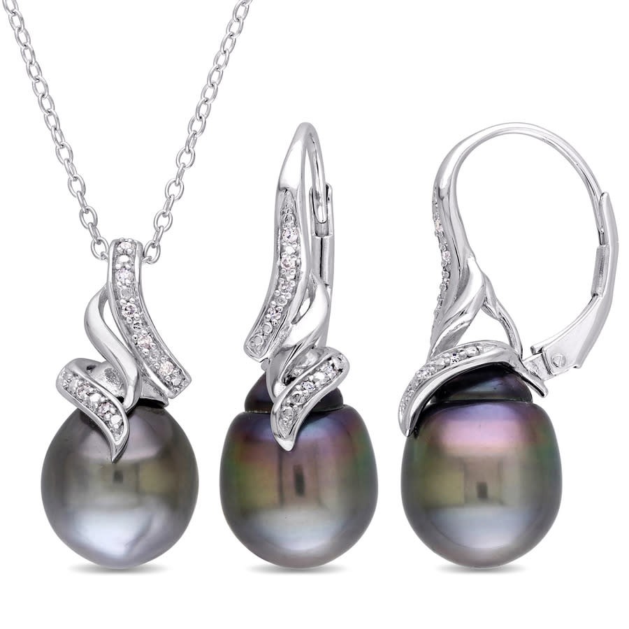 AMOUR 2 Pc Set Of 9 – 9.5 Mm Black Tahitian Pearl and 1/10 CT TW Diamond Vintage