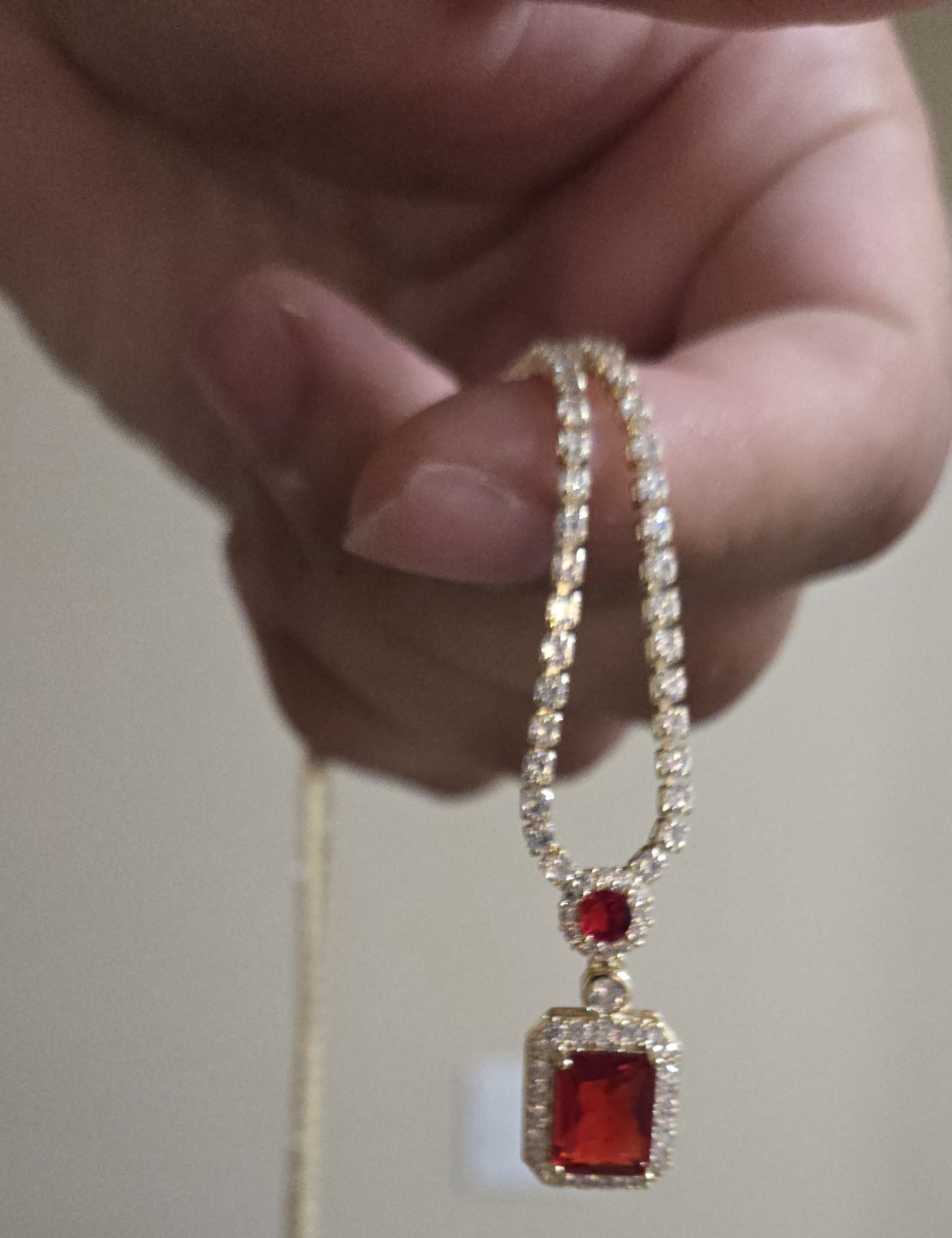 Gold Tone Chain Necklace With A Ring Adjustable Ruby Red Rectangle Pendant