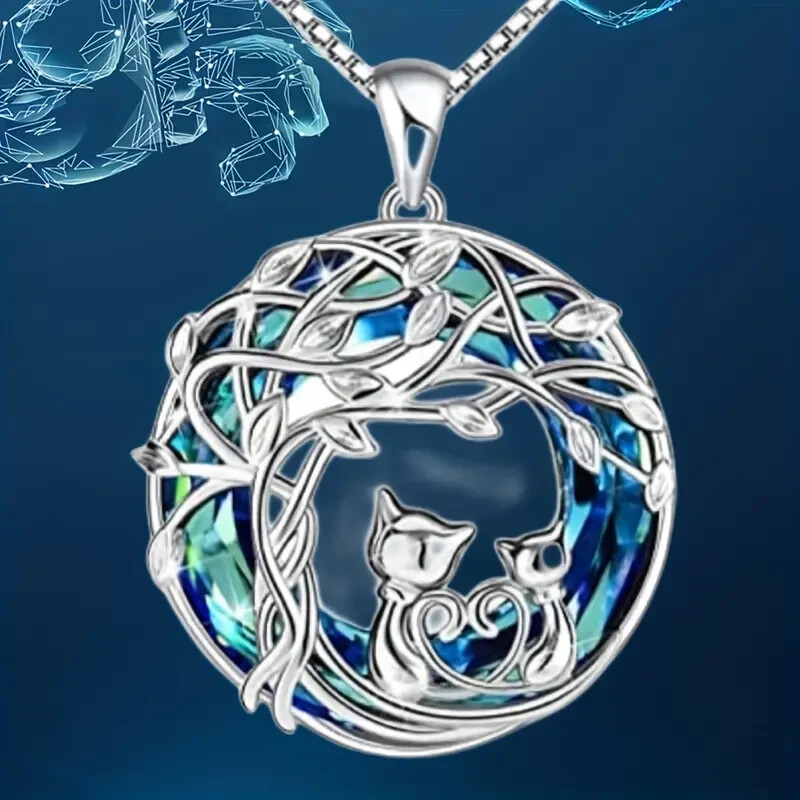 Rainbow Mystical Fire Topaz 925 Sterling Silver Tree Of Life Cat Kitten Necklace