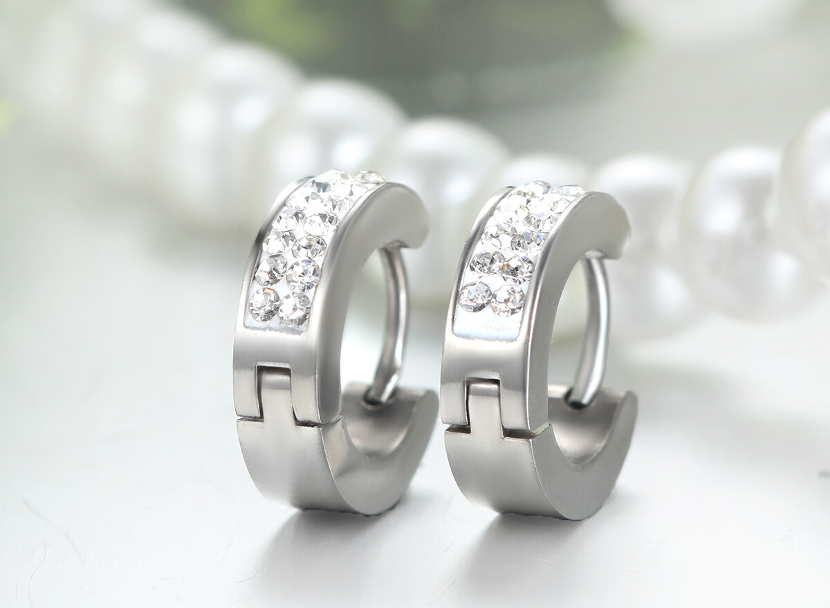 Men’s Women’s Unisex Stainless Steel Rhinestone Charm Hoop Huggie Earrings 2PCS