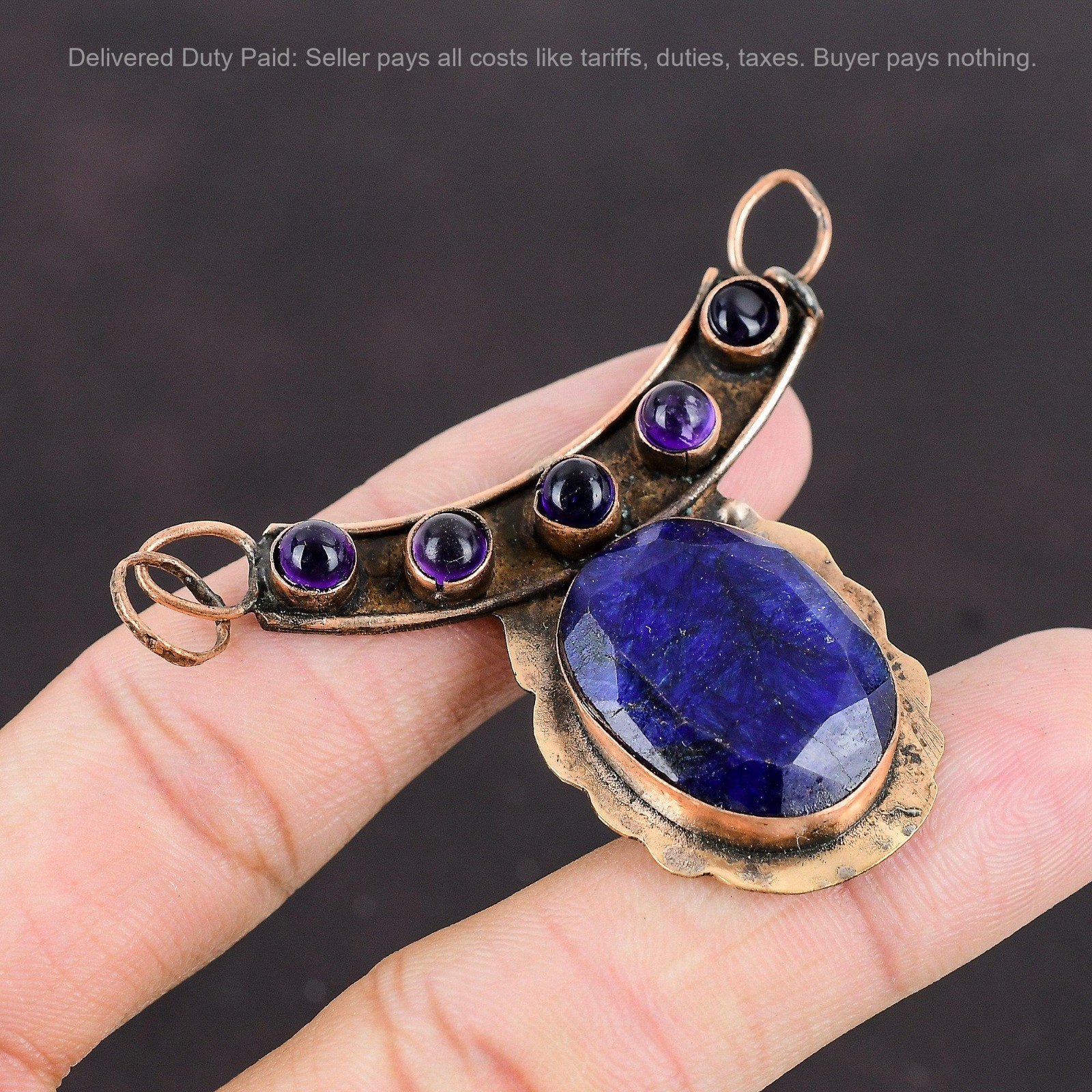 Christmas Sale Copper Oval Natural Blue Saphire African Amethyst Wedding Pendant