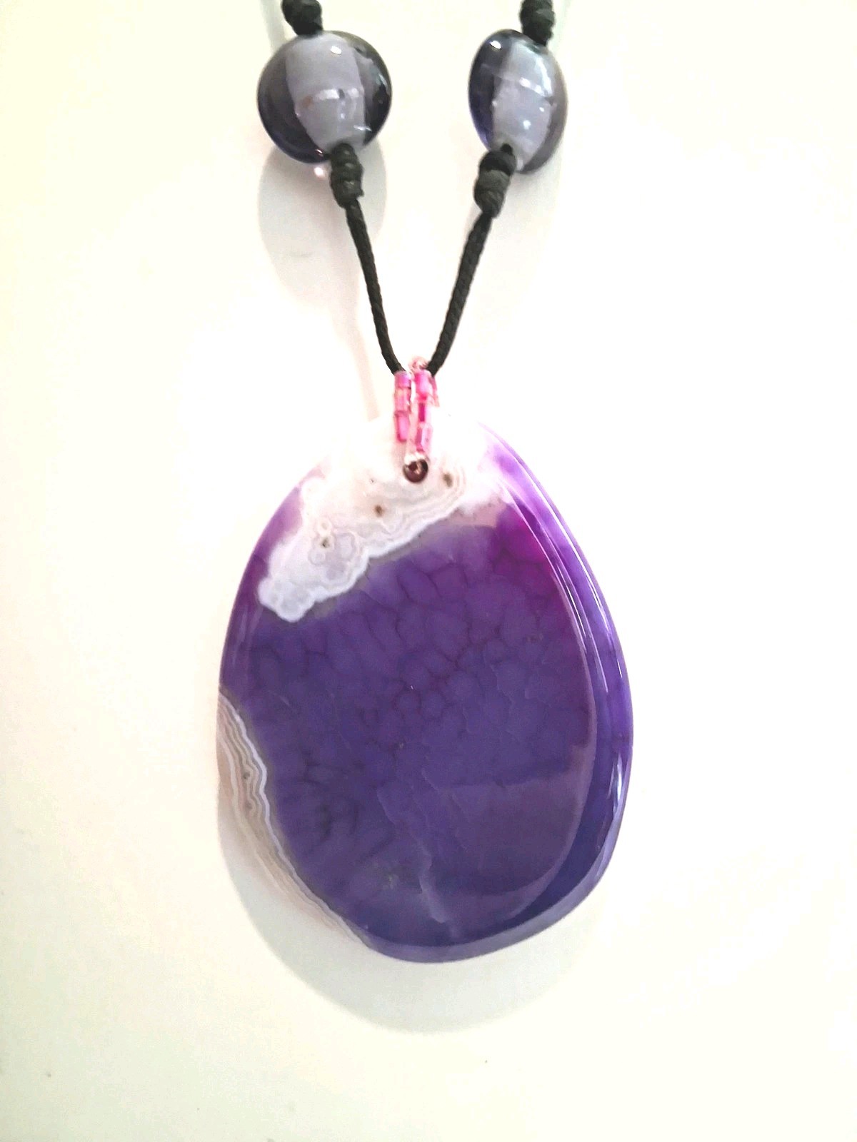 Purple Agate Oval Charm Pendant Beaded Cord Necklace, Purple/White Stone