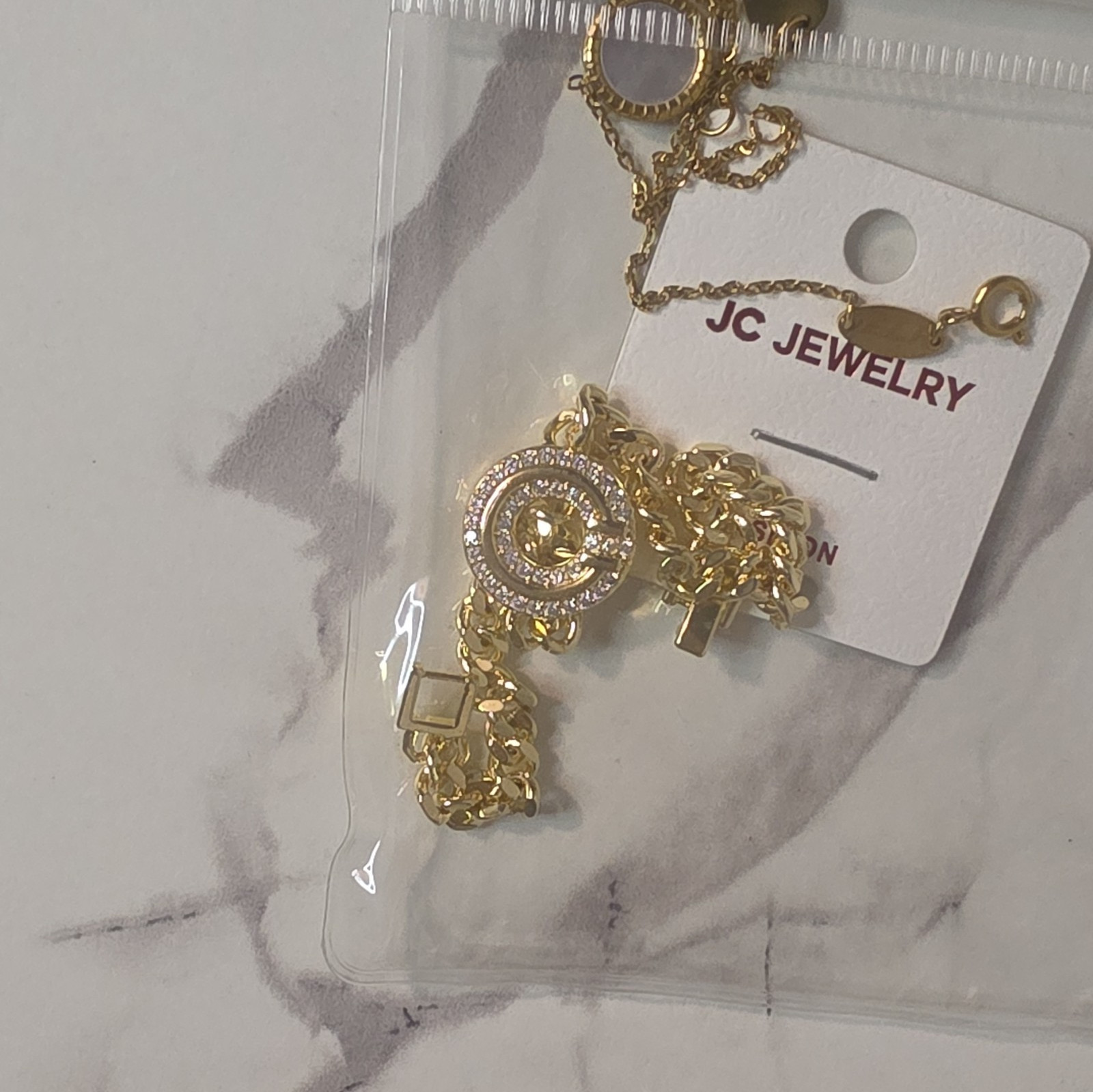 Gold Tone Round Pavé Clear Crystal Charm Pendant Cable Chain Necklace Adjustable