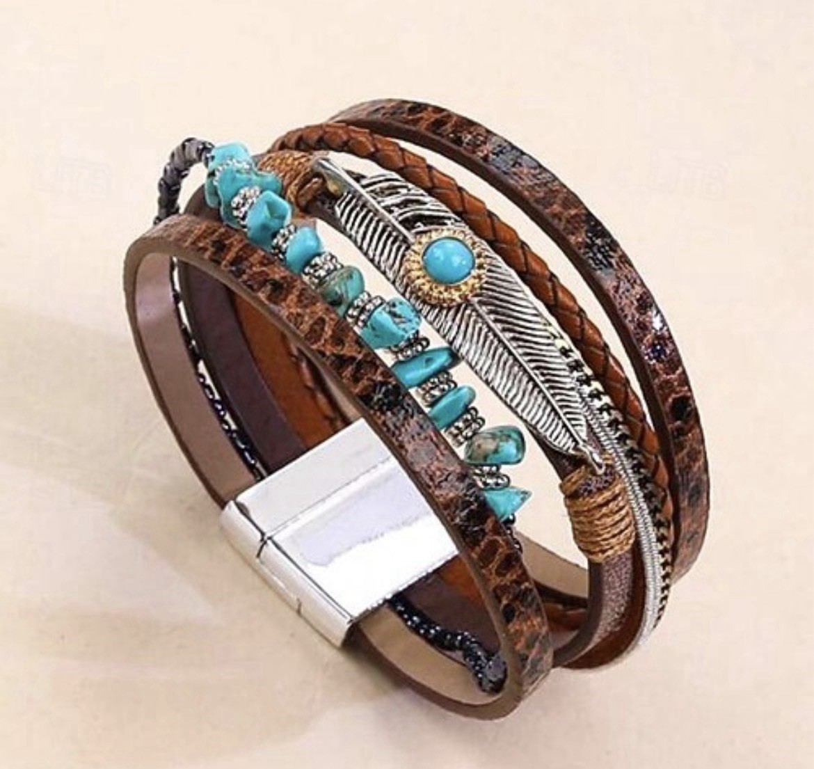 Southwestern Style Layered Cuff Bracelet Turquoise Mixed Metals Brown Leather