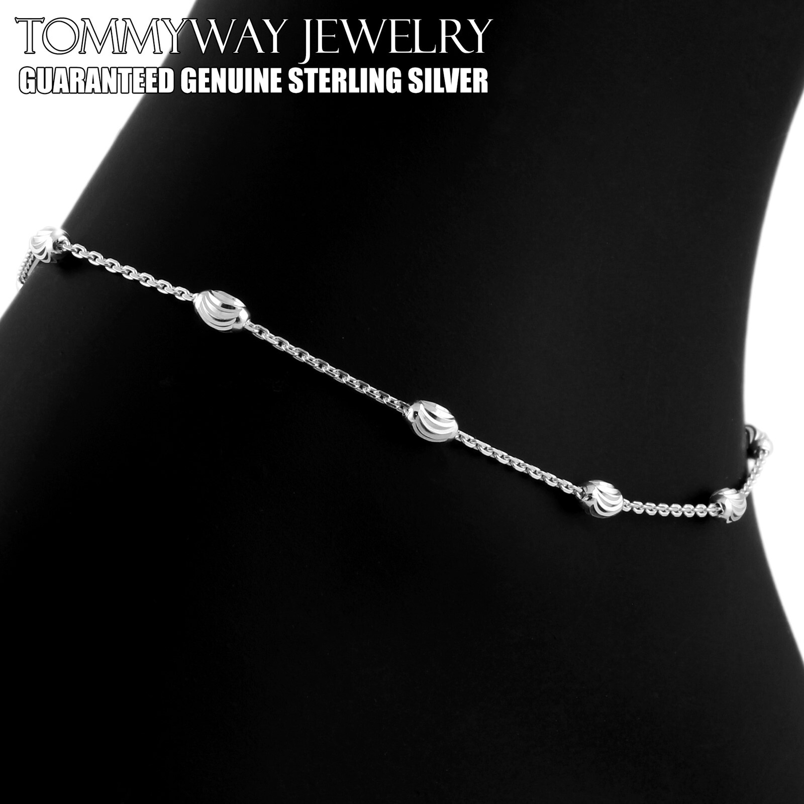 Real 925 Sterling Silver Oval Moon Bead Anklet Ankle-Child Bracelet / Necklace