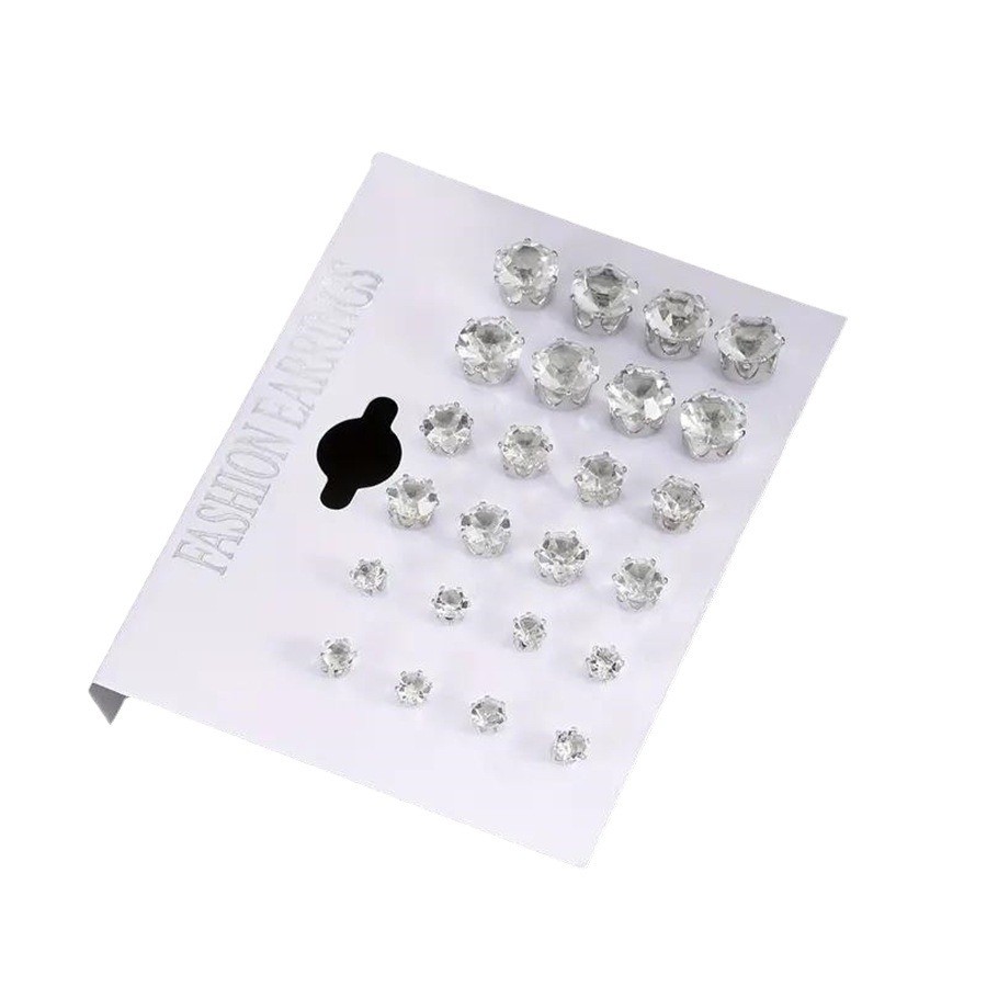 Silver Alloy Zircon Stud Earrings Set 12 Pairs Round Six Prong for For Gifts