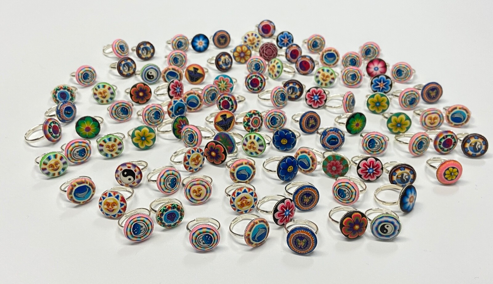 NEW 100 pcs Large Rings Polymer Clay Adjustable Metal 17 mm Smiley Face Sun Moon