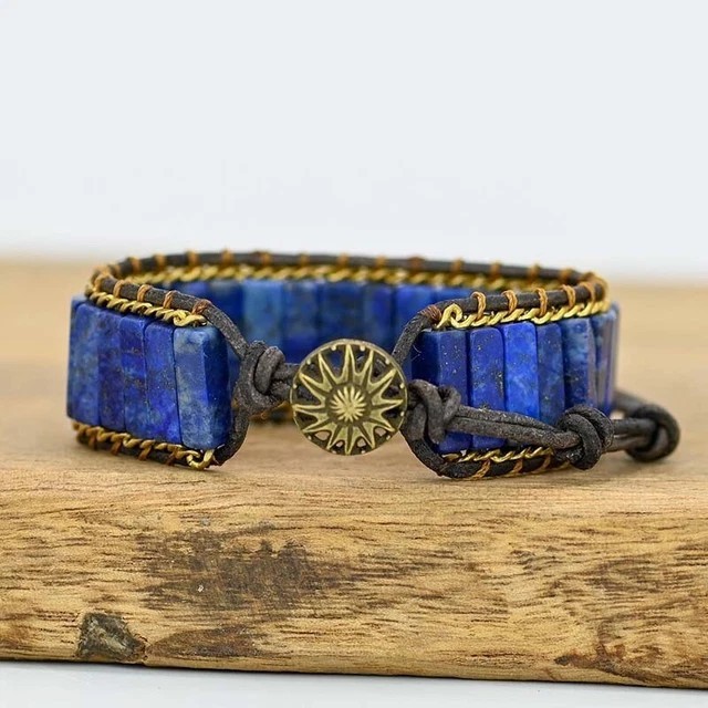 Natural Wide Lapis lazuli Beads Healing Chakra Blue Gemstone Warp Bracelet