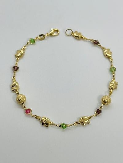14K GOLD PLATED ANKLET 10″ W/ ELEPHANTS FROSTED BALLS & MULTICOLOR CRYSTAL SA2