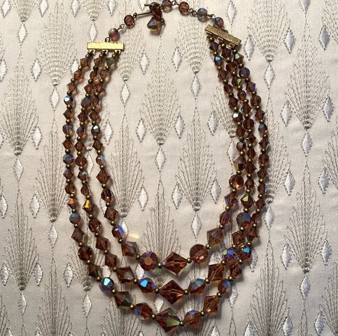 Vintage Brown Aurora Borealis Crystal & Glass Multi-Strand Beaded Necklace Hook