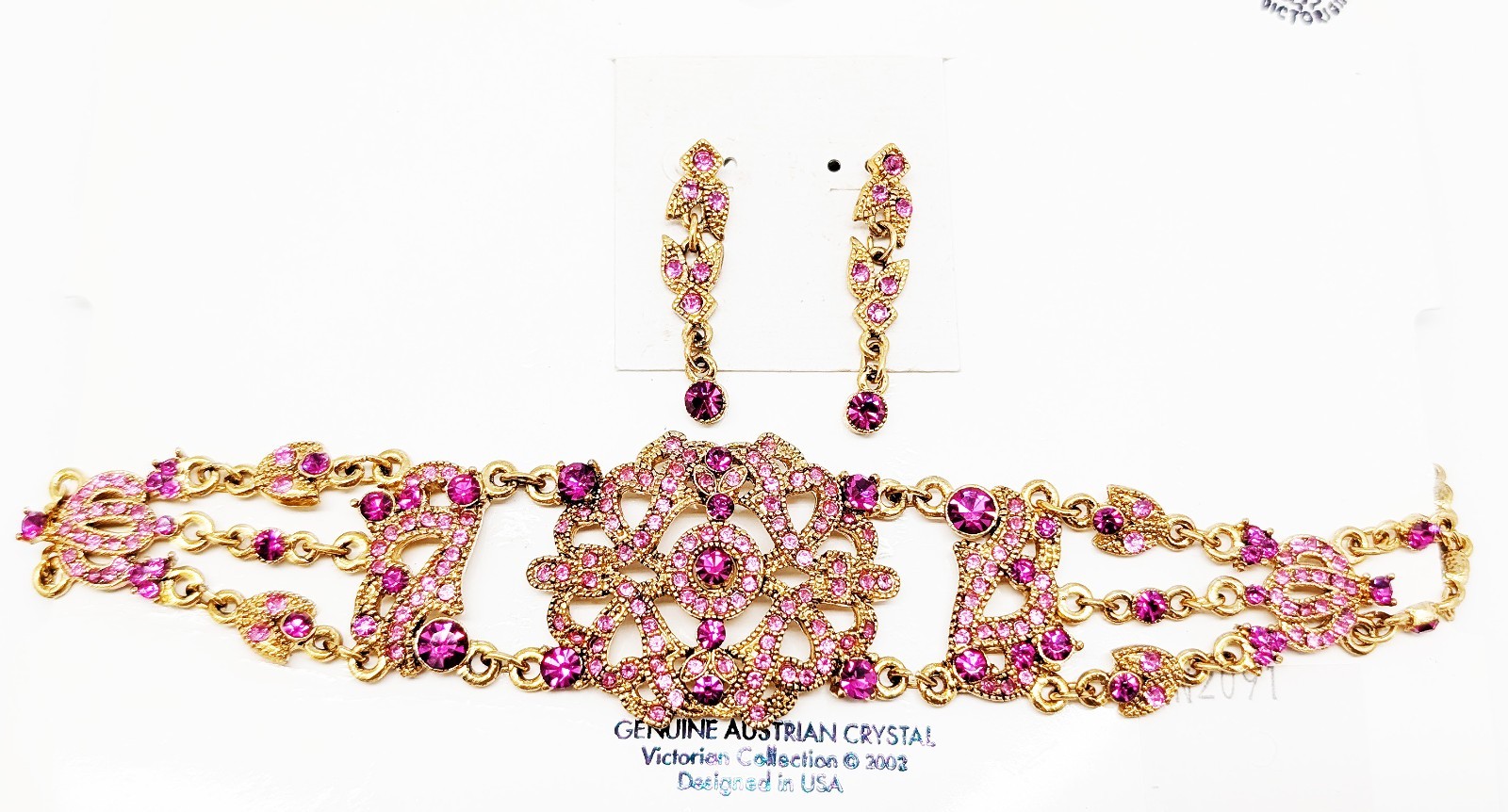 DESIGNER INSPIRED VICTORIAN PINK MULTI CRYSTAL GOLD CHOKER NECKLACE JEWELRY SET