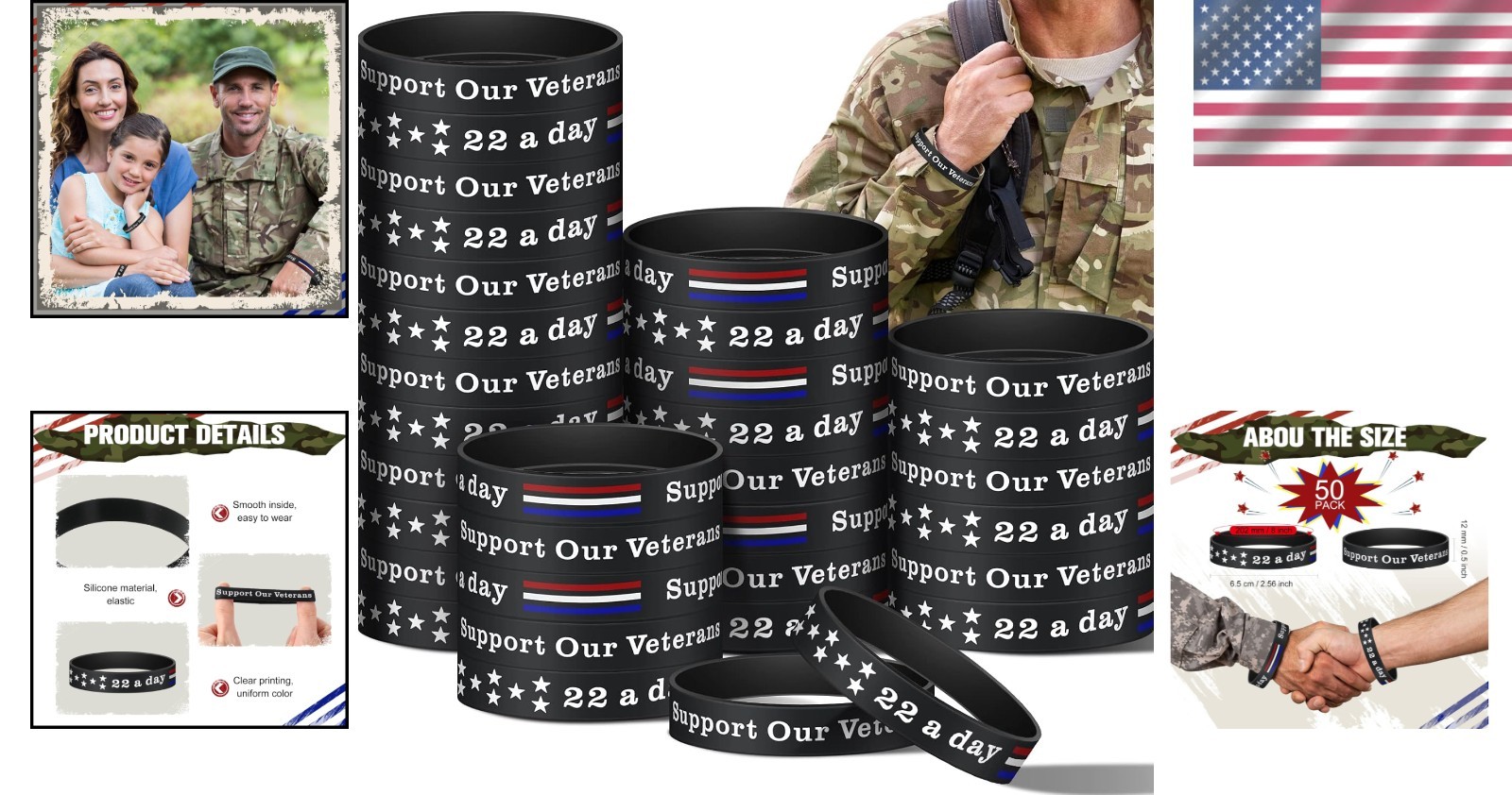 50 Pcs Veterans Day Silicone Bracelets 22 a Day Support Our Veterans Bracelet…