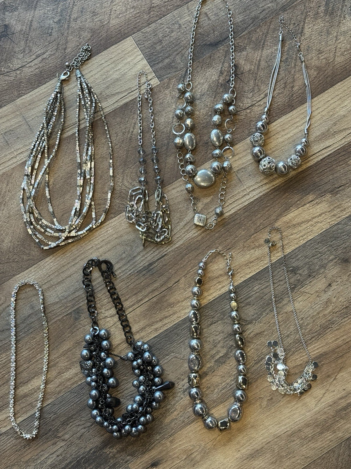 8 Pc Fashion Necklace Lot Statement Beaded Silver Tone Mixed Metal Jewelry