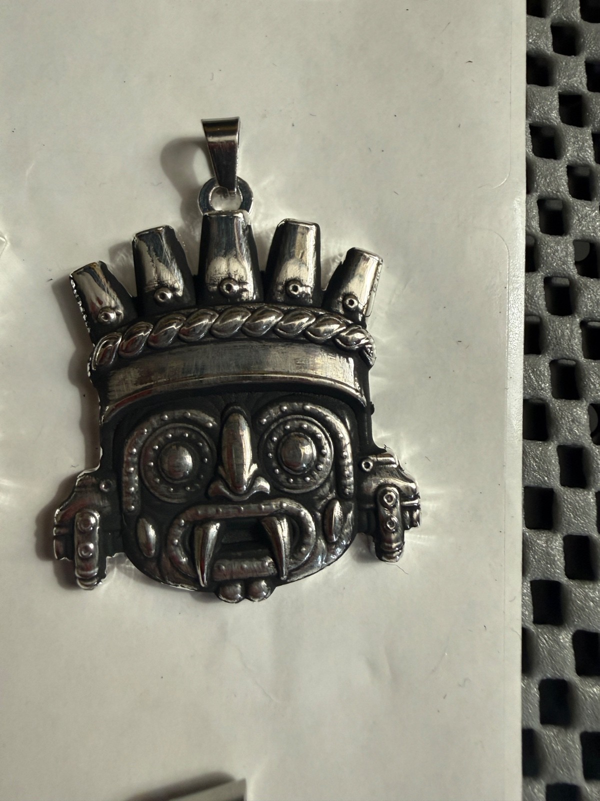 Tlaloc Pendant, Antiqued Silver Tone, Aztec Rain God, Metal Alloy #18