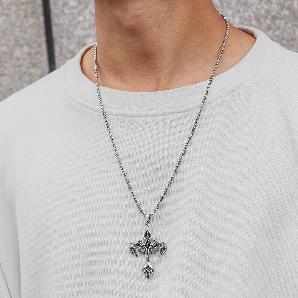 Tribal Flame Carved Cross Pendant Box Chain Necklace Stainless Men Neck Jewelry