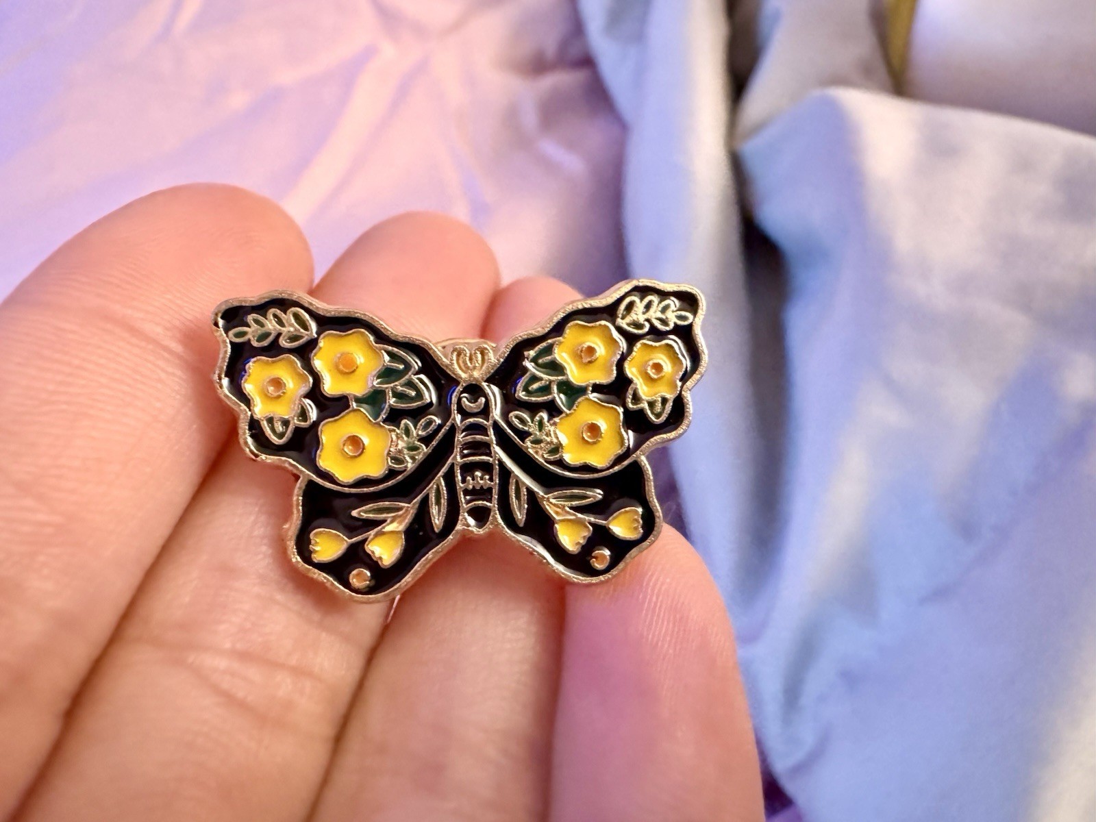 Black and Yellow Flower Winged Butterfly Enamel Pin