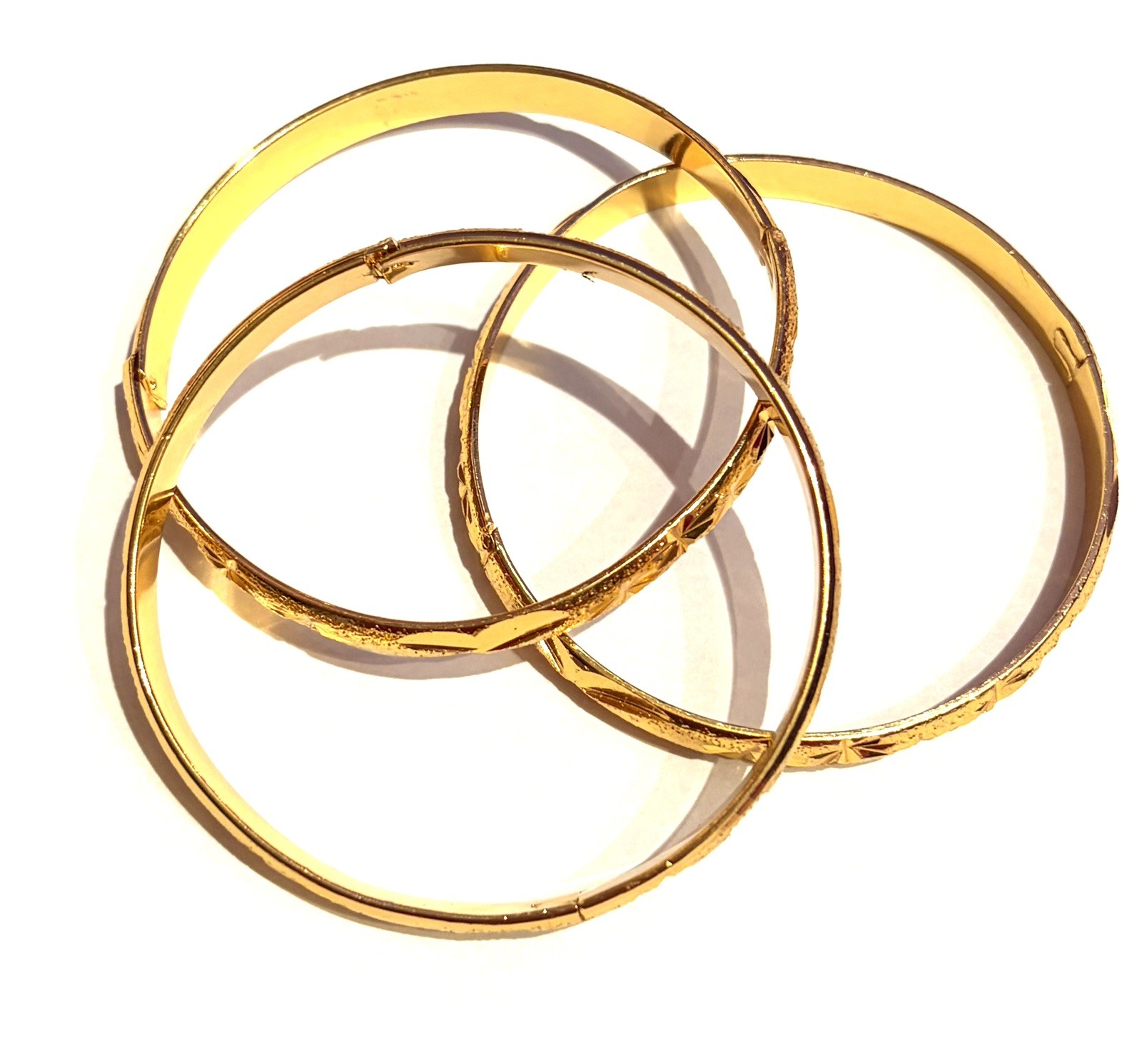 Gold Plated Tone Engraved Hinged Bangle Bracelets Set of 3, Metal Stackable 8”