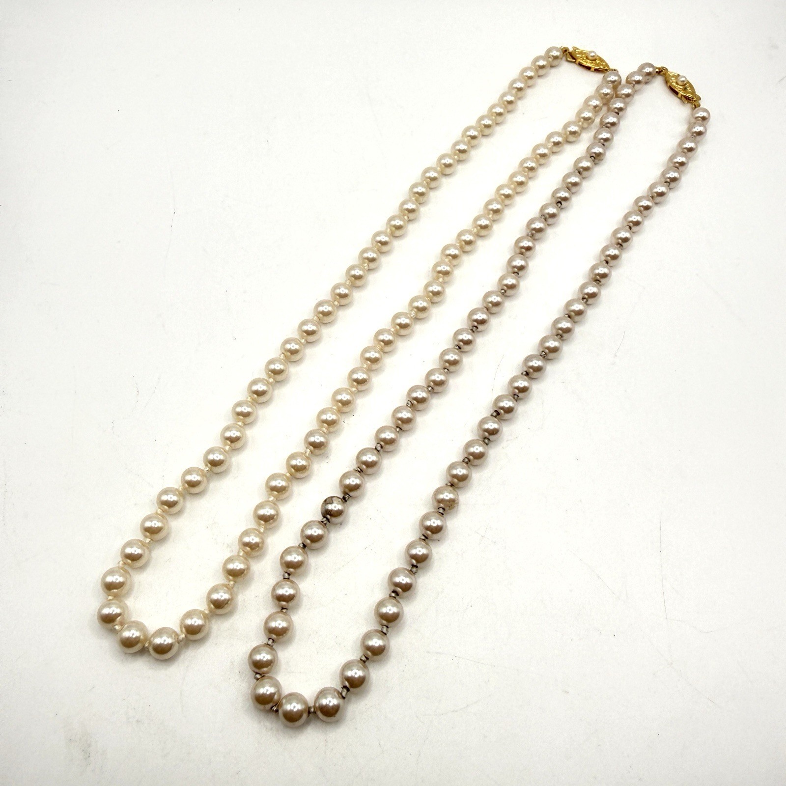 Lot of 2 Dainty Hand Knotted 6mm Faux Pearl Strand Necklace Filigree Clasp 16”