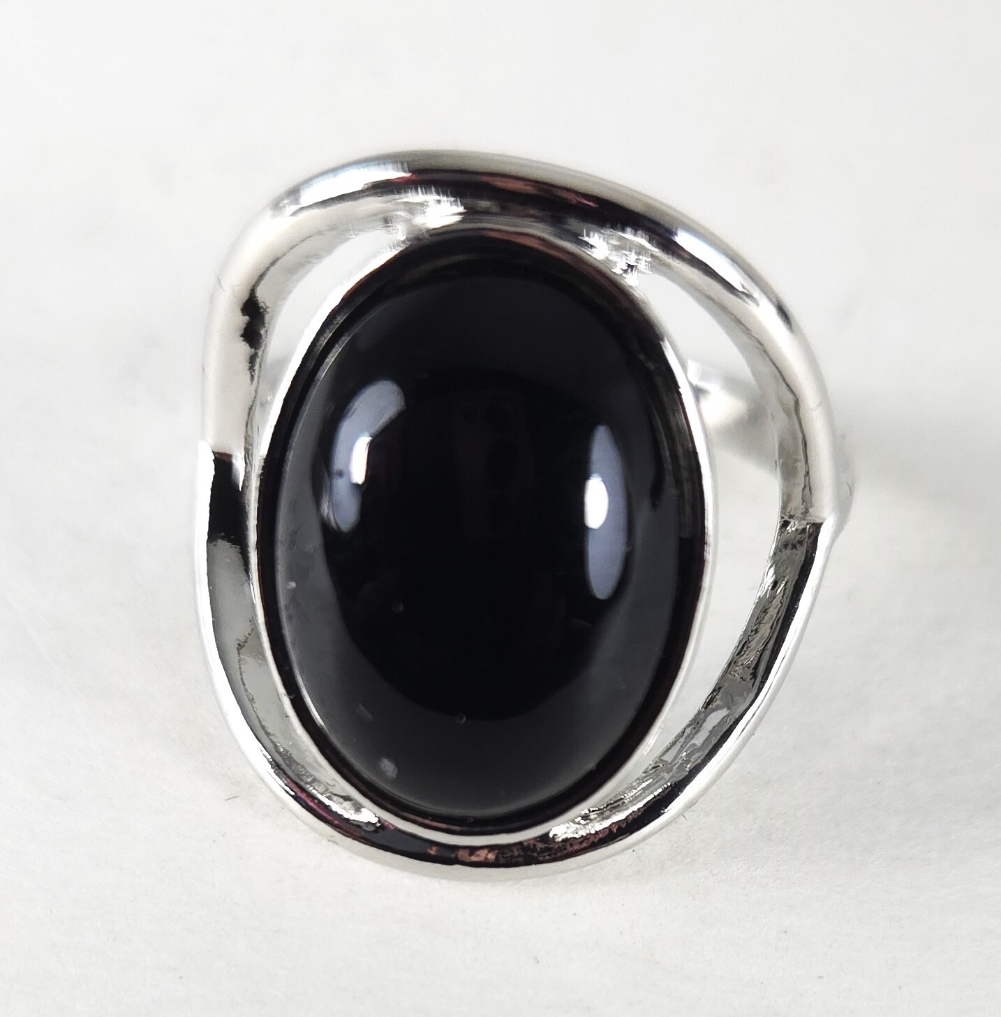 Large Elegant Black Oval Crystal Sphere Lab Created Gemstone Silver Plated Ring