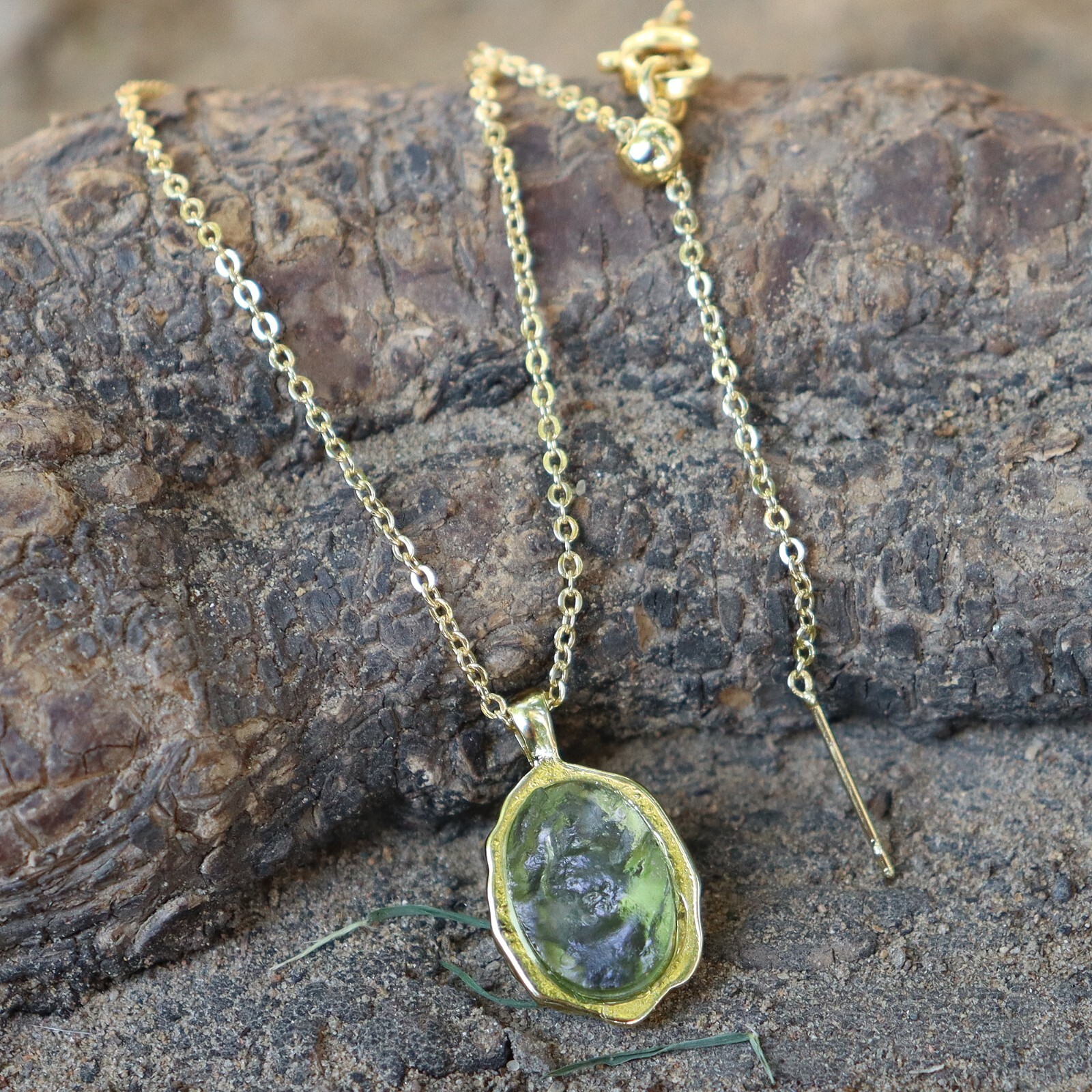 Authentic Raw Uncut Moldavite Pendant Gold Plated Oval Shape Moldavite Necklace