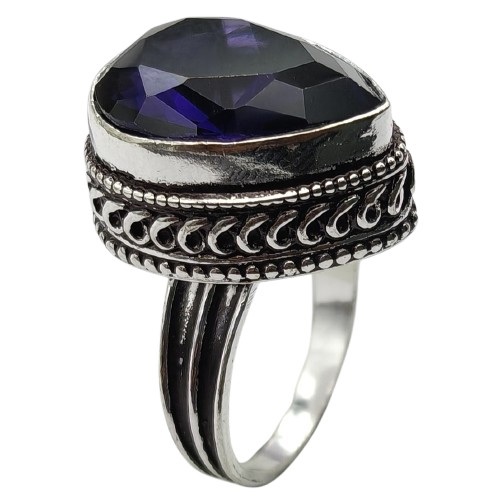 Blue Sapphire Hydro Gemstone Antique Silver Plated Ring US Size-8.5 A 1206