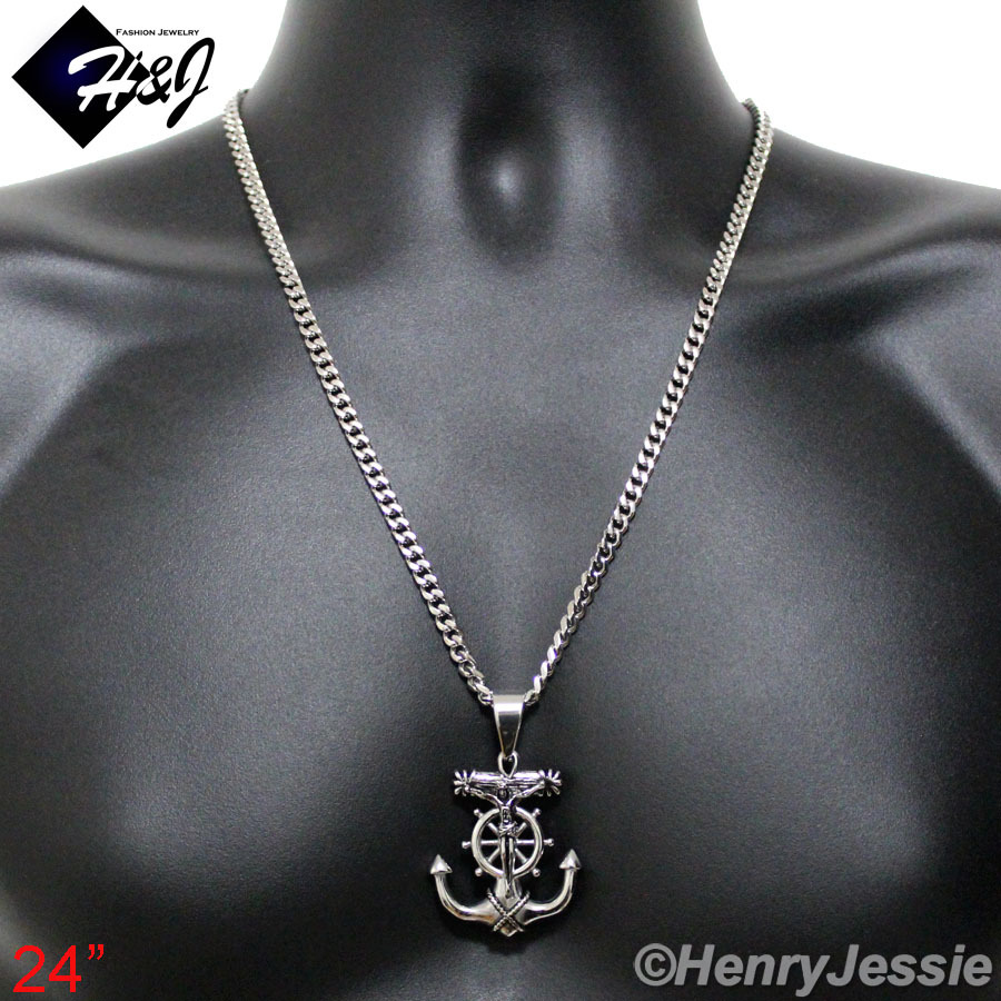 18-36″Stainless Steel 5mm Silver Cuban Curb Necklace Anchor Cross Pendant*P58