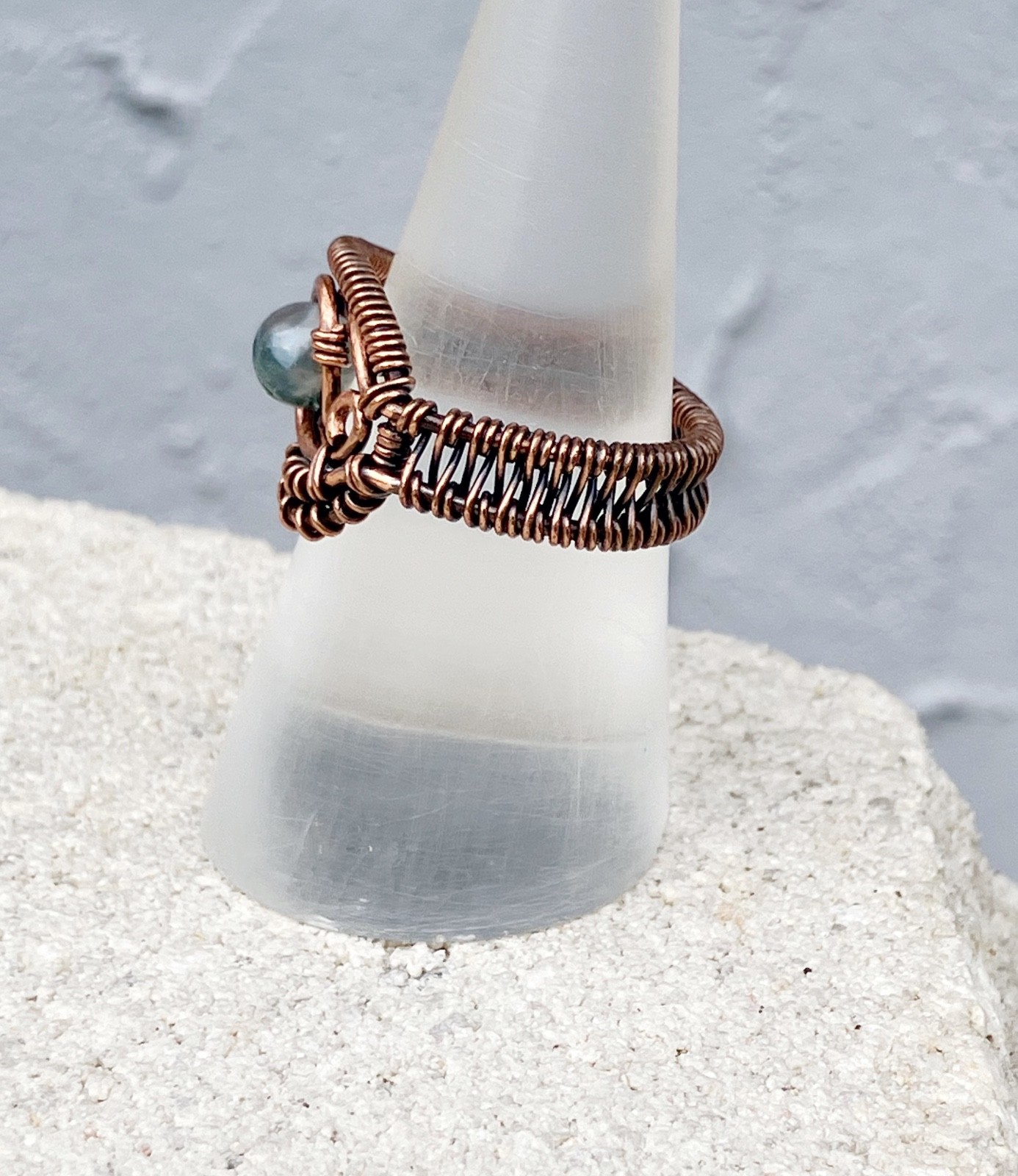 Quartz Crystal Copper Wire Wrapped Ring Size 8.5 Handmade Round Stone Moss Agate