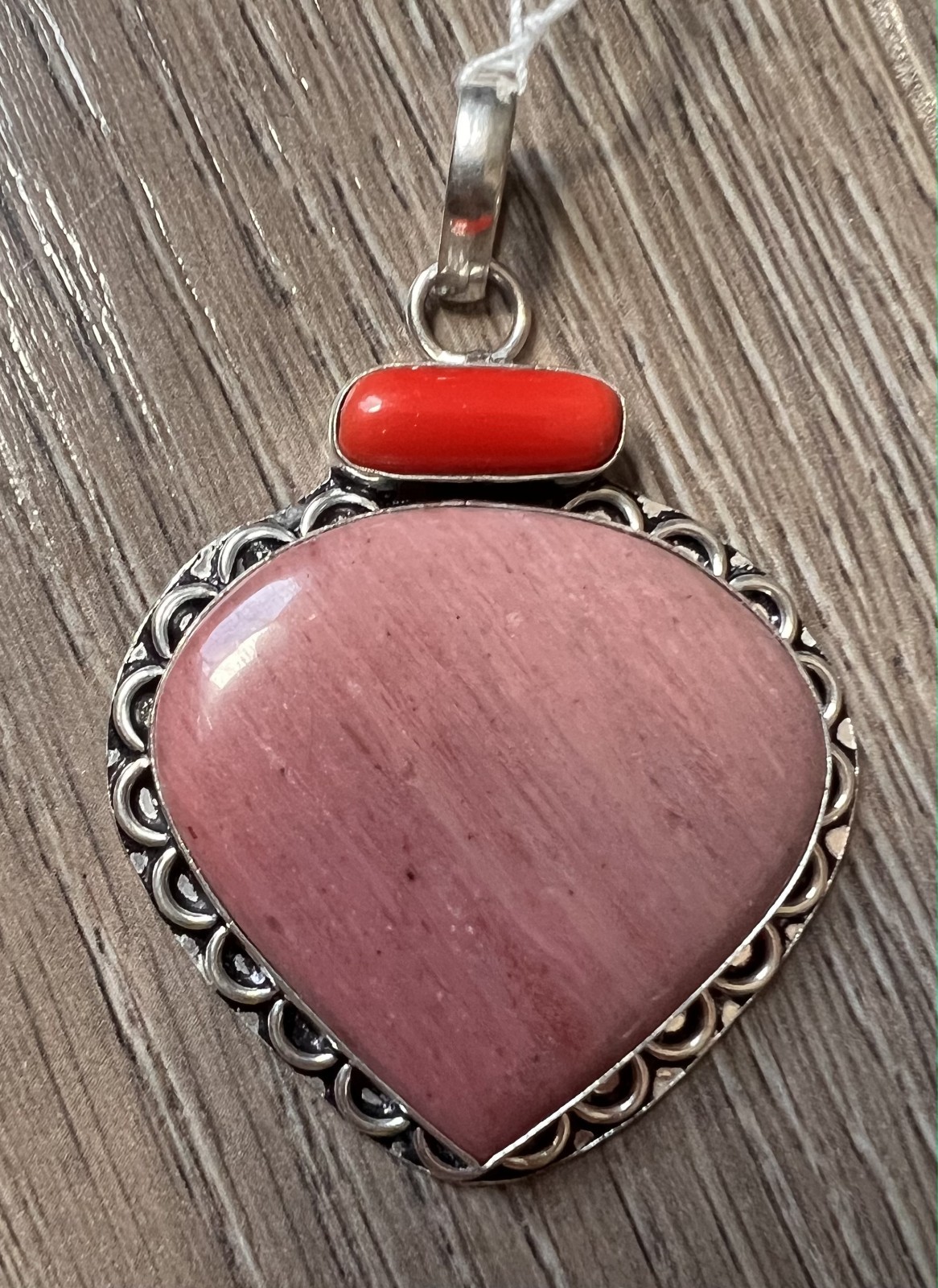 Pink Rhodonite & Red Stone Pendant In 925 Sterling Silver
