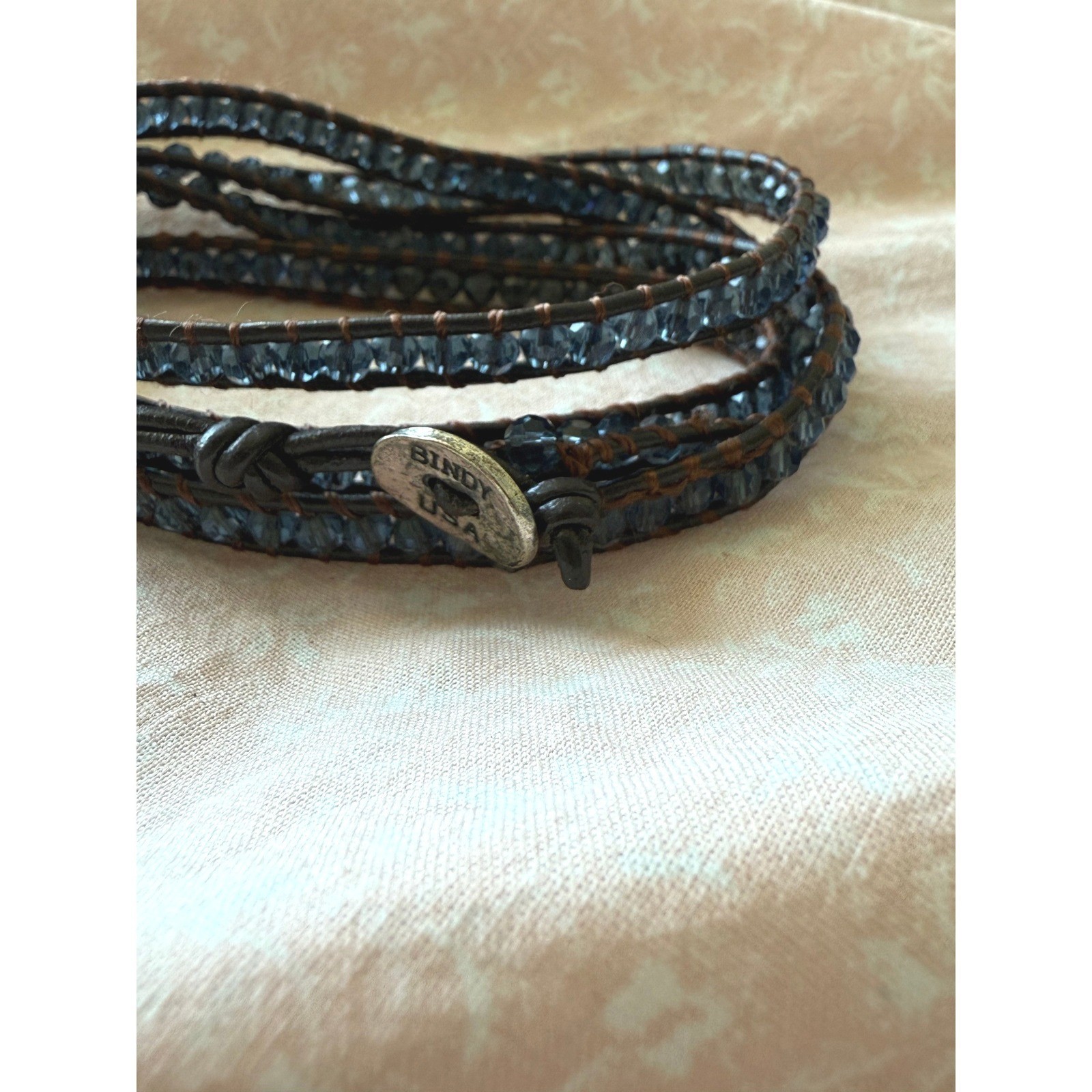 Bindy USA Beaded Leather Wrap Bracelet Smoky Blue Glass Crystal Layered Boho OS