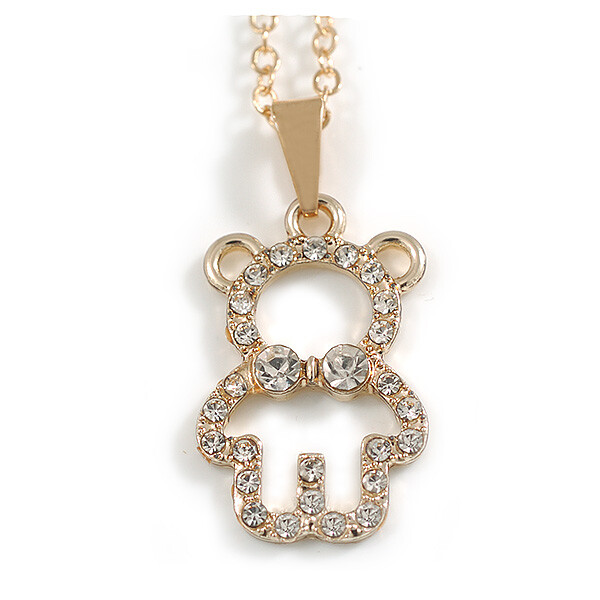 Small Crystal Open Bear Pendant with Gold Tone Chain – 42cm L/5cm Ext