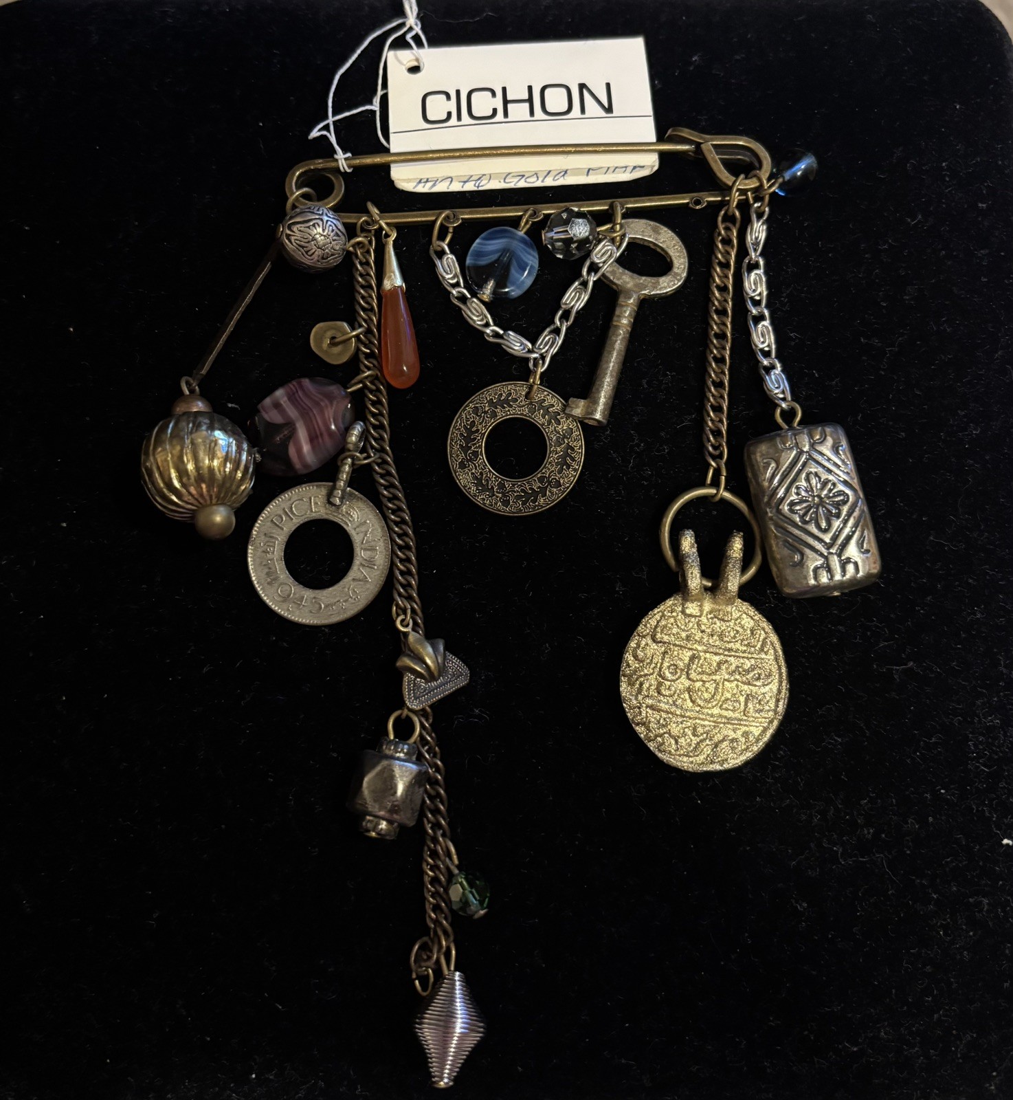 Ann Cichon Safety Pin Brooch with Gemstones and Metal Charms Bronze Tone