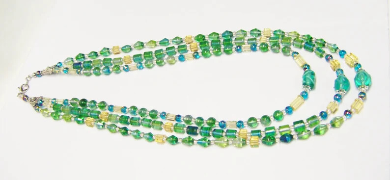Colorful 3 Strands Green Tone Multi Shapes/Sizes Glass Bead Neck/Brace/Earrings
