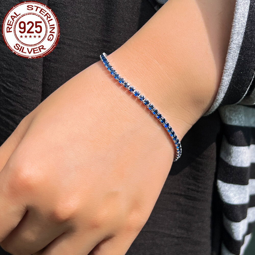 Royal Blue Round Cubic Zircon 925 Sterling Silver Tennis Bracelet for Women Gift