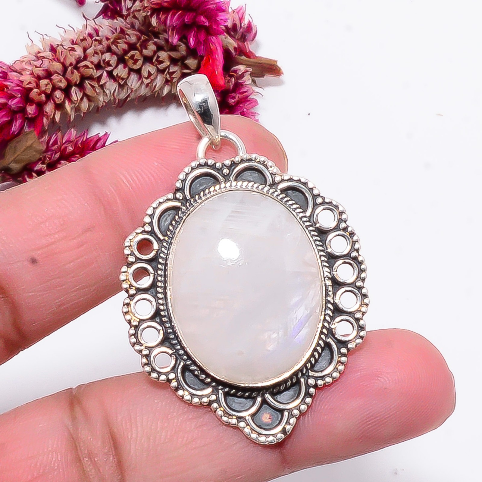 Rainbow Moonstone – India Gemstone 925 Sterling Silver Bali Pendant 1.83″ Sku47